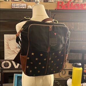 Mona B Black Canvas Backpack with Brown Trim and Gold Stars